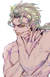 Rule 34 | 1boy, backlighting, black nails, blonde hair, dio brando, fingernails, highres, jojo no kimyou na bouken, looking at viewer, male focus, muscular, muscular male, red eyes, ruushii (lucy steel6969), sharp fingernails, solo, stardust crusaders, topless male, white background