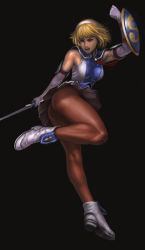 Rule 34 | 1girl, ass, blonde hair, blue eyes, breasts, cassandra alexandra, elbow gloves, gloves, jayun, long legs, muscular, open mouth, pantyhose, shield, short hair, simple background, solo, soul calibur, soulcalibur, soulcalibur ii, soulcalibur iv, sword, upskirt, weapon