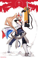 Rule 34 | 1girl, blonde hair, demon girl, demon horns, demon tail, earrings, elbow pads, facial mark, fangs, from behind, gloves, holding, holding weapon, horns, jewelry, long hair, looking at viewer, looking back, open mouth, original, pile bunker, ponytail, red eyes, silhouette, single glove, sleeveless, solo, spiked gloves, tail, tongue, tongue out, unsomnus, weapon