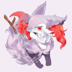 Rule 34 | 1girl, alternate color, animal ears, animal hands, artist name, braixen, claws, creatures (company), fox ears, fox tail, full body, furry, furry female, game freak, gen 6 pokemon, looking at viewer, mi (prism0316), nintendo, pokemon, pokemon (creature), pokemon xy, purple background, red eyes, shiny pokemon, signature, simple background, smile, solo, standing, stick, tail, text focus, twitter username