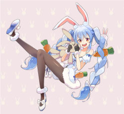 Rule 34 | 1girl, animal ear fluff, animal ears, bare shoulders, black gloves, black pantyhose, blue hair, braid, breasts, carrot, carrot hair ornament, cheek squash, cleavage, detached sleeves, don-chan (usada pekora), dress, falling, food-themed hair ornament, foot up, full body, fur-trimmed gloves, fur trim, gloves, gradient eyes, hair between eyes, hair ornament, highres, hikimayu, holding, holding stuffed toy, hololive, knee up, knees together feet apart, long hair, multicolored eyes, okken, pantyhose, patterned background, pom pom (clothes), puffy short sleeves, puffy sleeves, purple background, rabbit ears, rabbit girl, rabbit tail, red eyes, shoes, short eyebrows, short sleeves, simple background, small breasts, smile, solo, stuffed animal, stuffed rabbit, stuffed toy, tail, thick eyebrows, twin braids, usada pekora, usada pekora (1st costume), virtual youtuber, white dress, white footwear, white sleeves, yellow eyes