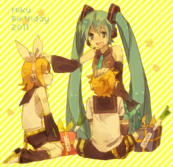 Rule 34 | 1boy, 2girls, birthday, closed eyes, detached sleeves, gift, hair ribbon, hand on another&#039;s head, happy, hatsune miku, headpat, headphones, headset, kagamine len, kagamine rin, kneeling, kogu (50cc 2), long hair, multiple girls, necktie, open mouth, ribbon, sitting, skirt, spring onion, tears, thighhighs, twintails, very long hair, vocaloid