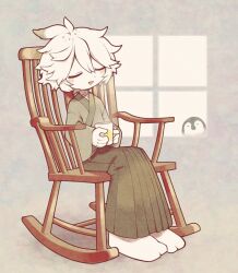 Rule 34 | 1boy, barefoot, bird, blush, chair, closed eyes, coffee mug, collar, colored skin, comfy, commission, cup, funamusea, funamusea (artist), highres, holding, holding cup, ice scream, japanese clothes, male focus, messy hair, mug, open mouth, penguin, rocking chair, sitting, skeb commission, smile, solo, stalking, white hair, white skin, window, yukisada