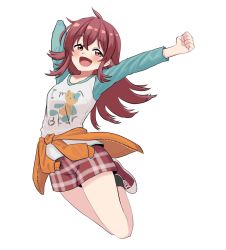 Rule 34 | ahoge, arm behind head, black socks, blue sleeves, blush, breasts, checkered shorts, clenched hand, clothes around waist, commentary, fox (tjwls66), hair between eyes, half-closed eyes, highres, idolmaster, idolmaster shiny colors, jacket, jacket around waist, jumping, komiya kaho, legs, long hair, long sleeves, looking at viewer, midair, open mouth, orange jacket, outstretched arm, print shirt, red eyes, red footwear, red hair, red shorts, shirt, shoes, shorts, small breasts, smile, sneakers, socks, solo, thighs, white background, white shirt
