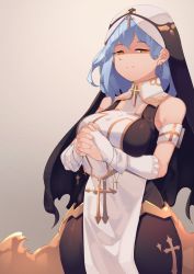 Rule 34 | 1girl, absurdres, armband, bare shoulders, blue hair, bridal gauntlets, closed mouth, cross, cross earrings, cross necklace, cross print, earrings, gloves, gradient background, h.pn, highres, jewelry, light blue hair, long hair, necklace, nun, orange eyes, original, own hands together, seductive smile, slit pupils, smile, solo, thick thighs, thighs, turtleneck, white gloves