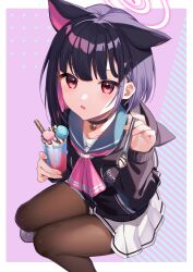 Rule 34 | 1girl, absurdres, animal ears, black hair, black pantyhose, blue archive, blunt bangs, blush, cat ears, cat girl, colored inner hair, commentary request, commission, food, green sailor collar, hair ornament, hairclip, halo, highres, holding, holding food, hood, hood down, hoodie, kan&#039;yu (citron 82), kazusa (blue archive), long sleeves, multicolored hair, neckerchief, open mouth, pantyhose, partial commentary, pink eyes, pink hair, pink halo, pink neckerchief, pleated skirt, puffy long sleeves, puffy sleeves, sailor collar, short hair, sitting, skeb commission, skirt, solo, white skirt