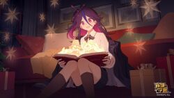 Rule 34 | 1girl, :d, benghuai xueyuan, black bow, black bowtie, black jacket, black shorts, black socks, book, bow, bowtie, christmas, christmas lights, collared shirt, couch, cushion, gift, glowing, hair between eyes, holding, holding book, honkai (series), houraiji kyuushou, indoors, jacket, long hair, long sleeves, official art, open mouth, picture frame, purple eyes, purple hair, shirt, shorts, smile, socks, solo, white shirt