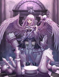 Rule 34 | 1girl, absurdres, angel wings, bishop (chess), black skirt, board game, breasts, chess, chess piece, chessboard, closed mouth, expressionless, highres, holding, holding staff, knight (chess), long hair, looking at viewer, medium breasts, original, pleated skirt, pointy ears, purple eyes, purple hair, rook (chess), seemu (wnslqjdignv ), skirt, solo, staff, thighhighs, white thighhighs, wings