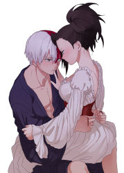 Rule 34 | 10s, 1boy, 1girl, abs, backless dress, backless outfit, bad id, bad pixiv id, black eyes, black hair, blush, boku no hero academia, breasts, burn scar, cleavage, corset, couple, dress, eye contact, finger to another&#039;s mouth, forehead-to-forehead, frilled dress, frills, green eyes, heads together, hetero, heterochromia, high ponytail, highres, imminent penetration, japanese clothes, kimono, long sleeves, looking at another, medium breasts, multicolored hair, nape, nose blush, open clothes, open kimono, red hair, saran, scar, sitting, sitting on lap, sitting on person, straddling, todoroki shouto, two-tone hair, undressing, white background, white dress, white hair, wide sleeves, yaoyorozu momo