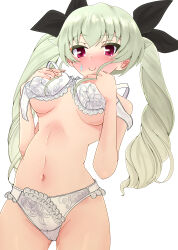 Rule 34 | 1girl, absurdres, anchovy (girls und panzer), black ribbon, blush, bra, breasts, closed mouth, commentary, commission, covering privates, covering breasts, cowboy shot, crotch seam, drill hair, girls und panzer, green hair, hair ribbon, highres, long hair, looking at viewer, makura ken, medium breasts, navel, open bra, panties, pixiv commission, red eyes, ribbon, simple background, smile, solo, standing, sweatdrop, twin drills, underwear, underwear only, wavy mouth, white background, white bra, white panties