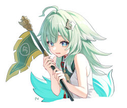 1girl ahoge animal_ears bare_shoulders fang flag fox_ears fox_girl green_eyes green_hair highres holding holding_flag honkai_(series) huohuo_(honkai:_star_rail) long_hair looking_at_viewer nage_(sacosui_ng) open_mouth paw-shaped_pupils shirt simple_background sleeveless sleeveless_shirt solo symbol-shaped_pupils tail upper_body white_background yin_yang_hair_ornament