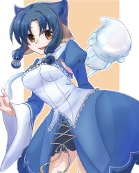 Rule 34 | 1girl, animal ears, aquaplus, atuy, blue hair, breasts, cleavage, cleavage cutout, clothing cutout, cowboy shot, dress, frilled dress, frills, from side, highres, jellyfish, kurarin (utawarerumono), leaning forward, long sleeves, looking at viewer, medium breasts, open mouth, parted bangs, puffy sleeves, raised eyebrows, short hair with long locks, sideboob, sidelocks, standing, thighs, utawarerumono, utawarerumono: itsuwari no kamen, utawarerumono: lost flag, wide sleeves, yellow eyes, yuri000