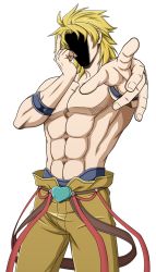 Rule 34 | 1boy, abs, armband, blonde hair, cowboy shot, dio brando, hand on own face, jojo no kimyou na bouken, jojo pose, male focus, muscular, pointing, pointing at viewer, shaded face, shian (wanderer-1003), solo, topless male, transparent background