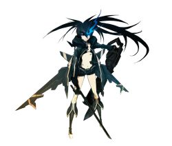 Rule 34 | 10s, 1girl, bikini, bikini top only, black hair, black rock shooter, black rock shooter (character), black rock shooter (game), blue eyes, boots, full body, glowing, glowing eye, huke, jacket, jetpack, navel, official art, solo, swimsuit, sword, transparent background, twintails, weapon, wings