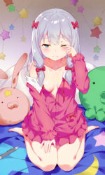 Rule 34 | 10s, 1girl, bare shoulders, barefoot, blue eyes, blush, bow, breasts, buttons, cangkong, cleavage, collarbone, commentary request, crescent print, day, eromanga sensei, frilled sleeves, frills, hair bow, highres, indoors, izumi sagiri, knees together feet apart, light frown, long hair, long sleeves, looking at viewer, low-tied long hair, off shoulder, open clothes, open pajamas, pajamas, pink bow, pocket, red bow, rubbing eyes, silver hair, sitting, small breasts, solo, star (symbol), star print, stuffed animal, stuffed octopus, stuffed toy, stylus, tears, waking up, wariza, wiping face, wiping tears