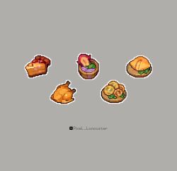 Rule 34 | bowl, chicken (food), commentary, dungeon meshi, english commentary, food, food focus, grey background, highres, lancaster, mushroom, no humans, omelet, outline, pie, pie slice, pixel art, plate, simple background, soup, tempura, twitter username, vegetable, white outline
