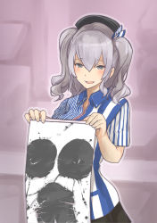 Rule 34 | 10s, 1girl, :d, bad id, bad pixiv id, beret, black skirt, collared shirt, commentary, employee uniform, grey eyes, hat, inkblot test, kantai collection, kashima (kancolle), lawson, looking at viewer, open mouth, pleated skirt, shirt, silver hair, skirt, smile, solo, striped clothes, striped shirt, twintails, uniform, wavy hair, yamaioni (sasakama)