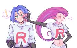 Rule 34 | !, puff of air, blue hair, blush, box, closed eyes, closed mouth, commentary, creatures (company), earrings, game freak, gift, gloves, green eyes, hair between eyes, heart-shaped box, highres, holding, holding gift, jacket, james (pokemon), jessie (pokemon), jewelry, logo, long hair, meng xue necky, motion lines, navel, nintendo, pokemon, pokemon (anime), pokemon (classic anime), purple hair, shirt, short hair, simple background, skirt, team rocket, team rocket uniform, tsundere, valentine, white background, white jacket, white skirt