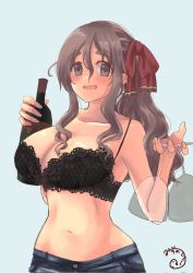 Rule 34 | 1girl, alternate costume, alternate hairstyle, black bra, blue background, bottle, bra, breasts, brown eyes, commentary request, cup, denim, drinking glass, grey hair, highres, jeans, kantai collection, large breasts, mizunototori, pants, pola (kancolle), red ribbon, ribbon, simple background, solo, thick eyebrows, underwear, wavy hair, wine bottle, wine glass