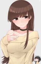 Rule 34 | 10s, 2girls, black hair, blush, braid, breasts, brown eyes, brown hair, chibi, choker, collarbone, grey background, hand on own chest, highres, hime cut, kantai collection, kitakami (kancolle), long hair, long sleeves, looking at viewer, medium breasts, multiple girls, off shoulder, ooi (kancolle), ribbed sweater, simple background, sleeves past wrists, smile, sweater, yukichi (sukiyaki39)