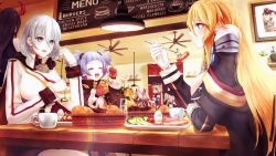 Rule 34 | 6+girls, admiral hipper (azur lane), arm up, azur lane, bismarck (azur lane), black hair, blonde hair, blue eyes, blush, bread, breasts, cafe, ceiling fan, ceiling light, chewing, closed eyes, closed mouth, cup, drawing (object), flag, food, fork, friedrich der grosse (azur lane), fruit, gloves, hair between eyes, high collar, holding, holding fork, holding plate, horns, indoors, large breasts, long hair, looking at another, mechanical horns, medium hair, menu board, military, military uniform, multiple girls, neconel, open mouth, picture frame, plate, prinz eugen (azur lane), purple hair, red gloves, red horns, silver hair, sitting, smile, standing, table, tirpitz (azur lane), twintails, u-556 (azur lane), uniform, vegetable, white gloves, z1 leberecht maass (azur lane), z23 (azur lane)