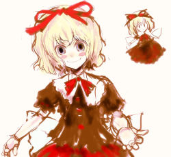 Rule 34 | 1girl, blonde hair, blush stickers, bow, doll joints, dress, fairy, female focus, hair bow, joints, looking at viewer, medicine melancholy, nokishita, ribbon, short hair, simple background, sketch, solo, su-san, touhou