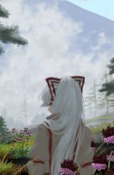 Rule 34 | 1girl, absurdres, blunt bangs, bow, cloud, cloudy sky, collar, collared shirt, commentary, flower, flower request, from behind, fujiwara no mokou, grass, hair bow, highres, kajatony, long hair, long sleeves, looking to the side, mountain, multicolored bow, multicolored clothes, multicolored flower, pine tree, pink flower, ponytail, puffy long sleeves, puffy sleeves, red bow, red eyes, red flower, scenery, shirt, sky, solo, standing, suspenders, touhou, tree, very long hair, white bow, white hair, white shirt