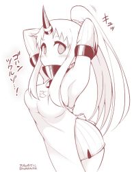 Rule 34 | 10s, 1girl, abyssal ship, adjusting hair, alternate hairstyle, apron, armpits, arms up, blush, breasts, contemporary, covered mouth, detached sleeves, dress, female focus, horns, kantai collection, large breasts, long hair, looking at viewer, monochrome, ponytail, ribbed dress, seaport princess, short dress, sideboob, simple background, single horn, solo, translation request, twitter username, tying hair, white background, yamato nadeshiko