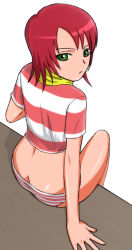 Rule 34 | 00s, 1girl, 40010prototype, ass, butt crack, from behind, green eyes, juliet nao zhang, looking at viewer, looking back, my-otome, no pants, panties, red hair, red panties, shirt, short hair, sitting, solo, striped clothes, striped panties, striped shirt, underwear, underwear only