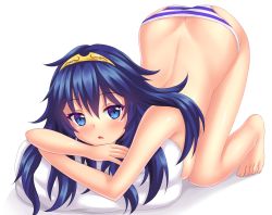 Rule 34 | 1girl, :o, alternate breast size, ass, barefoot, blue eyes, blue hair, blue panties, blush, breasts, butt crack, colored eyelashes, eyebrows, female focus, fire emblem, fire emblem awakening, full body, hair between eyes, hanging breasts, highres, hugging object, large breasts, long hair, looking at viewer, lucina (fire emblem), matching hair/eyes, nintendo, nottytiffy, open mouth, panties, pillow, pillow hug, shiny skin, simple background, solo, striped clothes, striped panties, tiara, top-down bottom-up, topless, underwear, white background, white panties