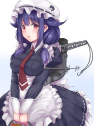 Rule 34 | 1girl, apron, black dress, blush, breasts, carrot, dress, em s, food, hair flaps, hat, highres, holding, juliet sleeves, kantai collection, large breasts, long hair, long sleeves, low twintails, machinery, mob cap, necktie, open mouth, puffy sleeves, purple hair, red eyes, red necktie, smokestack, solo, taigei (kancolle), twintails, vegetable, waist apron, white apron