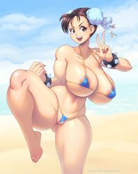 Rule 34 | 1girl, absurdres, bare shoulders, bikini, breasts, brown eyes, brown hair, capcom, chun-li, clenched hand, collarbone, feet, highres, large breasts, looking at viewer, micro bikini, navel, nipples, smile, solo, stomach, street fighter, supersatanson, swimsuit, thighs, toes