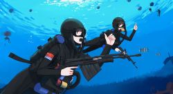 Rule 34 | 2girls, aps underwater rifle, assault rifle, bad id, bad pixiv id, blood, blunt bangs, bob cut, bodysuit, bomb, bubble, death, diving suit, explosive, fish, fisheye, goggles, gun, highres, long rifle, military, mine (weapon), multiple girls, naval mine, needlegun, octopus, original, people&#039;s republic of china flag, pointing, pointing up, rifle, scuba, shiden21gata, signature, silhouette, soldier, swimming, thumbs up, toz (tulsky oruzheiny zavod), trigger discipline, tsniitochmash, tula arms plant, underwater, underwater firearm, underwater magazine, weapon, wetsuit