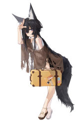 Rule 34 | 1girl, absurdres, animal ear fluff, animal ears, arm up, bare legs, bare shoulders, black hair, blouse, brown footwear, chino (user zdyd2447), closed mouth, from side, full body, highres, holding, holding suitcase, leaning forward, long hair, looking at viewer, looking to the side, off shoulder, original, purple eyes, sandals, shirt, smile, solo, suitcase, tail, very long hair, white shirt, wolf ears, wolf girl, wolf tail