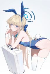 Rule 34 | 1girl, absurdres, adjusting collar, adjusting headset, animal ears, aqua bow, arm support, ass, bare back, blonde hair, blue archive, blue bow, blue eyes, blue halo, blue leotard, bow, bowtie, breasts, closed mouth, detached collar, dot nose, expressionless, fake animal ears, fake tail, hair bow, halo, headset, highleg, highleg leotard, highres, koitoroku, leaning forward, leotard, light blush, long hair, looking at viewer, mechanical halo, multicolored hair, playboy bunny, rabbit ears, rabbit tail, simple background, small breasts, solo, sparkle, standing, strapless, strapless leotard, streaked hair, suitcase, tail, thighhighs, thighs, toki (blue archive), toki (bunny) (blue archive), twitter username, very long hair, white background, white thighhighs, white wrist cuffs, wrist cuffs