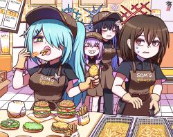 Rule 34 | 4girls, arius squad (blue archive), atsuko (blue archive), black hair, black pants, black shirt, blue archive, blue hair, blue halo, blush, breasts, brown eyes, brown hair, brown headwear, burger, closed eyes, collared shirt, colored inner hair, eating, food, french fries, fried chicken, green eyes, green hair, green halo, grin, hair between eyes, hair over one eye, halo, hat, hiyori (blue archive), holding, holding food, korean commentary, long hair, medium breasts, misaki (blue archive), mom&#039;s touch, multicolored hair, multiple girls, pants, purple hair, purple halo, red halo, saori (blue archive), shasa2456, shirt, short hair, side ponytail, smile