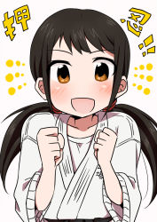 Rule 34 | !, !!, 1girl, artist request, black hair, blush, brown eyes, clenched hands, collarbone, dougi, excited, female focus, hair ornament, hands up, happy, idolmaster, idolmaster cinderella girls, japanese text, karate gi, long hair, long twintails, looking at viewer, low twintails, nakano yuka, namco, neck, open mouth, shirt, simple background, smile, twintails, white background, white shirt