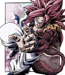 Rule 34 | 1boy, arm up, baggy pants, biceps, black vest, blue eyes, blue sash, blue wristband, body fur, border, closed mouth, commentary request, dragon ball, dragon ball gt, gogeta, highres, looking at viewer, male focus, metamoran vest, monkey tail, muscular, muscular male, open clothes, open vest, outside border, outstretched arm, pants, pectorals, purple background, red fur, red hair, sash, simple background, smile, smirk, solo, spiked hair, super saiyan, super saiyan 4, tail, ushi (akabec0), v-shaped eyebrows, vest, white border, white pants, wristband