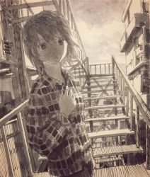 Rule 34 | 1girl, absurdres, building, city, collared shirt, hand on own chest, hand up, highres, monochrome, original, outdoors, parted lips, plaid, plaid shirt, shirt, short hair, sky, sleeves rolled up, solo, stairs, standing, tokunaga akimasa, traditional media, wing collar