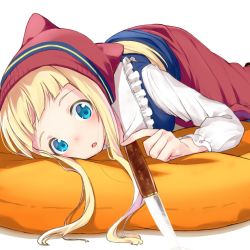 Rule 34 | 1girl, absurdres, blonde hair, blue eyes, blunt bangs, borrowed character, dress, dx (dekusu), eila halltunen, hat, highres, holding, holding weapon, knife, long hair, long sleeves, looking at viewer, lying, on stomach, open mouth, original, pillow, sidelocks, simple background, solo, tareme, traditional clothes, triangle mouth, weapon, white background