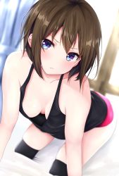 Rule 34 | 1girl, all fours, bad id, bad pixiv id, bare shoulders, black thighhighs, blue eyes, blurry, breasts, brown hair, cleavage, collarbone, depth of field, downblouse, highres, looking at viewer, medium breasts, mito ichijyo, no bra, original, purple shorts, short hair, shorts, solo, tank top, thighhighs