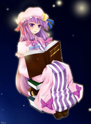 1girl asm book female_focus full_body gradient_background hair_ribbon hat long_hair patchouli_knowledge purple_eyes purple_hair ribbon solo touhou very_long_hair