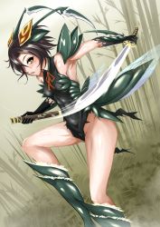 Rule 34 | 1girl, animal hands, arm blade, arthropod girl, black hair, boots, breasts, covered erect nipples, crossover, hair over one eye, highres, katana, knee boots, mantis (monster girl encyclopedia), mantis girl, monster girl, monster girl encyclopedia, nonoririn, parody, sheath, short hair, small breasts, solo, sword, sword girls, thighs, weapon, yellow eyes