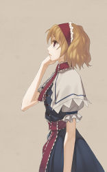 Rule 34 | 1girl, alice margatroid, blonde hair, capelet, dress, female focus, hairband, profile, red eyes, sash, short hair, simple background, solo, sun-3, touhou