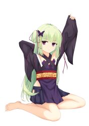 Rule 34 | 1girl, :t, absurdres, arm behind head, arm up, bare shoulders, barefoot, black kimono, black skirt, blunt bangs, blunt ends, butterfly hair ornament, chinese commentary, closed mouth, commentary, criss-cross halter, flat chest, full body, green hair, hair ornament, hair ribbon, halterneck, highres, japanese clothes, kimono, long hair, looking at viewer, metoalcy, miniskirt, murasame (senren), pleated skirt, pout, purple ribbon, red eyes, red sash, ribbon, sash, senren banka, sidelocks, simple background, sitting, skirt, sleeves past wrists, solo, straight hair, tsurime, very long hair, white background, wide sleeves, yokozuwari