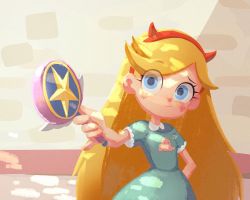 Rule 34 | 1girl, blonde hair, blue eyes, blush stickers, closed mouth, dress, facial mark, fake horns, female focus, hairband, horns, kunitarou-art, long hair, looking at viewer, solo, star butterfly, star vs the forces of evil, wand
