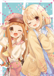 Rule 34 | 2girls, ;d, beret, blonde hair, blunt bangs, blush, brown eyes, brown hair, commentary request, futaba anzu, gat (korean traditional hat), hair ribbon, hand up, hat, highres, ichihara nina, idolmaster, idolmaster cinderella girls, idolmaster cinderella girls starlight stage, long hair, long sleeves, looking at viewer, low twintails, multiple girls, one eye closed, open mouth, plaid headwear, ribbon, rino cnc, smile, suspenders, twintails, v