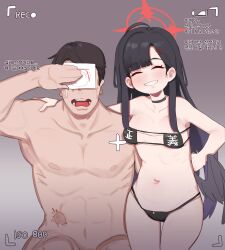 Rule 34 | 1boy, 1girl, absurdres, doodle sensei (blue archive), battery indicator, bikini, black bikini, black choker, black hair, black wings, blue archive, breasts, brown background, choker, closed eyes, collarbone, commentary, covering face, covering own eyes, crying, eyepatch bikini, facing viewer, feathered wings, gradient background, grin, hair ornament, hairclip, halo, hand on own hip, hetero, highres, ichika (blue archive), korean text, long hair, low wings, lulubelleiii, medium breasts, navel, open mouth, recording, red halo, scar, sensei (blue archive), smile, swimsuit, teeth, translation request, viewfinder, wings