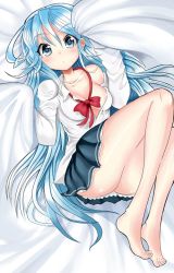 Rule 34 | 10s, 1girl, :o, bad id, bad pixiv id, bare legs, bare shoulders, barefoot, bed, blanket, blue eyes, blue hair, bow, bowtie, breasts, denpa onna to seishun otoko, dress shirt, feet, from above, kuzu kow, looking at viewer, lying, matching hair/eyes, medium breasts, no bra, off shoulder, on back, pleated skirt, shirt, skirt, solo, touwa erio