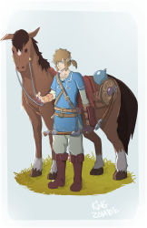 Rule 34 | 1boy, blue eyes, bow (weapon), brown hair, epona, gloves, highres, horse, king zombie, link, long hair, male focus, nintendo, pointy ears, ponytail, solo, the legend of zelda, the legend of zelda: breath of the wild, weapon
